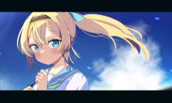 Rule 34 | 1girl, absurdres, black hairband, blonde hair, blue eyes, blue sailor collar, blue sky, blush, closed mouth, cloud, commentary request, hair between eyes, hairband, hands up, highres, hololive, kazama iroha, letterboxed, looking at viewer, okota mikan, ponytail, sailor collar, school uniform, serafuku, shirt, sky, smile, solo, upper body, virtual youtuber, white shirt