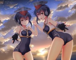 Rule 34 | 10s, 2girls, ass, asymmetrical hair, bad id, bad pixiv id, black hair, black one-piece swimsuit, brown eyes, cloud, cowboy shot, framed breasts, gloves, hair between eyes, headphones, highres, i-13 (kancolle), i-14 (kancolle), kantai collection, looking at viewer, multiple girls, nuka (nvkka), one-piece swimsuit, open mouth, partially fingerless gloves, sailor collar, school swimsuit, short hair, siblings, single glove, sisters, sky, star (sky), starry sky, sunset, swimsuit, thighs
