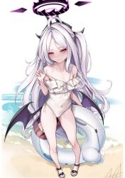 Rule 34 | 1girl, ahoge, bare arms, bare legs, bare shoulders, beach, blue archive, blush, closed mouth, collarbone, covered navel, demon girl, demon horns, demon wings, feet, flat chest, full body, hair between eyes, hair ornament, halo, highleg, highleg swimsuit, highres, hina (blue archive), holding, holding swim ring, horns, innertube, kurofude anna, legs, long hair, looking at viewer, low wings, mechanical halo, multiple horns, ocean, one-piece swimsuit, parted bangs, purple eyes, sandals, school swimsuit, signature, smile, solo, standing, swim ring, swimsuit, swimsuit tug, toenails, toes, very long hair, white background, white hair, wings