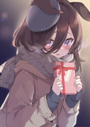 Rule 34 | 1girl, absurdres, alternate costume, animal ears, black hair, blush, brown coat, coat, gift, grey scarf, hair between eyes, hair over one eye, hat, heavy breathing, highres, holding, holding gift, horse ears, horse girl, long hair, long sleeves, looking at viewer, mola mola, open mouth, purple eyes, rice shower (umamusume), scarf, simple background, solo, umamusume, upper body, valentine, winter clothes, winter coat