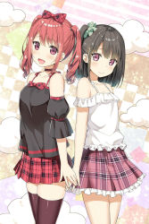 Rule 34 | 2girls, :d, black hair, black legwear, blush, borrowed character, bow, bowtie, choker, collarbone, commentary request, cowboy shot, detached sleeves, frilled shirt, frilled skirt, frilled sleeves, frills, green scrunchie, hair bow, hand on another&#039;s hand, kurumi (kantoku), light blush, looking at viewer, multiple girls, off-shoulder blouse, off-shoulder shirt, off shoulder, one side up, open mouth, original, plaid, plaid bow, plaid choker, plaid neckwear, plaid skirt, purple eyes, purple skirt, red choker, red hair, red skirt, scrunchie, shirt, shizuku (kantoku), skirt, sky-freedom, smile, thighhighs, twintails