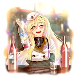 Rule 34 | 1girl, a-91 (girls&#039; frontline), absurdres, alcohol, bar (place), blonde hair, blurry, blurry background, blush, commission, commissioner upload, drunk, girls&#039; frontline, hat, highres, long hair, mole, mole under eye, non-web source, one eye closed, one side up, open mouth, samsam s2s, smile, yellow eyes