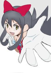 Rule 34 | 1girl, alouette (pokemon), artist request, bare shoulders, black hair, bow, brown eyes, clenched hand, creatures (company), cropped torso, game freak, gloves, grey background, hair between eyes, hair bow, highres, long hair, looking at viewer, nintendo, outstretched hand, pokemon, pokemon (anime), pokemon xy (anime), red bow, simple background, sketch, solo, source request, upper body, white gloves