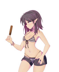 Rule 34 | 00s, 1girl, bad id, bad pixiv id, bikini, black hair, bracelet, breasts, character request, clothes pull, dungeon and fighter, elf, food, front-tie top, gero-gh, highleg, highleg bikini, highres, jewelry, long hair, mage (dungeon and fighter), navel, pointy ears, popsicle, profile, red eyes, short shorts, shorts, shorts pull, simple background, small breasts, solo, striped bikini, striped clothes, sweat, swimsuit, white background