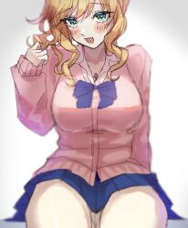 Rule 34 | 1girl, :d, blonde hair, blue bow, blue bowtie, blue skirt, blush, bow, bowtie, breasts, collarbone, collared shirt, fujima (k114), grey eyes, hand up, highres, idolmaster, idolmaster cinderella girls, jewelry, large breasts, long hair, long sleeves, miniskirt, necklace, ohtsuki yui, open mouth, pleated skirt, shirt, simple background, sitting, sketch, skirt, smile, solo, white background