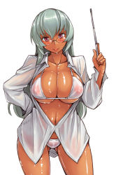 Rule 34 | 1girl, bikini, blush, breasts, cleavage, contrapposto, dress shirt, glasses, hand on own hip, head tilt, large breasts, long hair, looking at viewer, open clothes, open shirt, pointer, red eyes, rozen maiden, see-through, shiny skin, shirt, silver hair, smile, solo, standing, suigintou, swimsuit, tan, tsuda nanafushi
