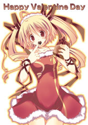 Rule 34 | 1girl, blonde hair, bow, brown eyes, chocolate, choker, cowboy shot, english text, gift, hair ribbon, halftone, happy valentine, long hair, looking at viewer, mouth hold, original, polka dot, ribbon, simple background, solo, takanae kyourin, twintails, unmoving pattern, valentine, white background
