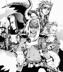 Rule 34 | 4boys, cloak, closed mouth, cowboy shot, expressionless, gauntlets, greyscale, headband, holding, holding sword, holding weapon, hood, hooded cloak, kaneda eiji, lips, long hair, looking at viewer, male focus, midriff, monochrome, multiple boys, navel, profile, short hair, spiked hair, stomach, sword, tattoo, toned, unsheathed, very short hair, weapon