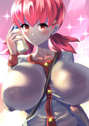 Rule 34 | 1girl, between breasts, blush, bottle, breasts, closed mouth, creatures (company), game freak, highres, holding, holding bottle, huge breasts, looking at viewer, medium hair, milk, milk bottle, moomoo milk, nintendo, pokemon, pokemon hgss, red eyes, red hair, smile, solo, sparkle, strap between breasts, twintails, uenoryoma, upper body, whitney (pokemon)