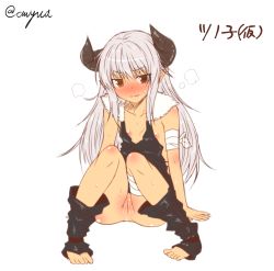 Rule 34 | 1girl, bandaged arm, bandaged leg, blush, borrowed character, collarbone, flat chest, horns, knees together feet apart, leg warmers, long hair, looking at viewer, naked shirt, nipple slip, nipples, original, pointy ears, pussy, pussy juice, shirt, silver hair, sitting, solo, sweat, uncensored, very long hair, wavy mouth, yellow eyes, yua (checkmate)