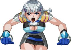 Rule 34 | 1girl, bandai namco, blue eyes, breasts, cleavage, gloves, open mouth, seolla schweizer, short hair, silver hair, skirt, solo, super robot wars, super robot wars original generation