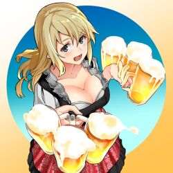 Rule 34 | 1girl, alcohol, beer, beer mug, blonde hair, blush, breasts, cleavage, commission, cup, dirndl, foam, german clothes, hair between eyes, holding, holding cup, large breasts, long hair, looking at viewer, mug, open mouth, original, simple background, skeb commission, solo, tsukinami kousuke