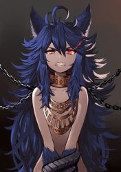 Rule 34 | 10s, 1girl, animal ears, animal hands, antenna hair, bad id, bad pixiv id, blue hair, bound, bound wrists, chain, clenched teeth, commentary request, erune, fang, fenrir (shingeki no bahamut), flat chest, glowing, glowing eyes, granblue fantasy, hair between eyes, jewelry, long hair, looking at viewer, necklace, omaru gyuunyuu, red eyes, shingeki no bahamut, simple background, solo, spiked hair, tail, teeth, tied up, wolf ears, wolf tail