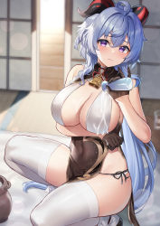 Rule 34 | 1girl, absurdres, ahoge, arm under breasts, bell, black gloves, blue hair, blush, bottle, breasts, cleavage, closed mouth, covered navel, cowbell, cup, dress, drinking glass, eric (tianqijiang), ganyu (genshin impact), genshin impact, gloves, goat horns, highres, horns, large breasts, lens flare, long hair, looking at viewer, neck bell, on floor, panties, pelvic curtain, pot, pouring, pouring onto self, purple eyes, revealing clothes, sake bottle, side-tie panties, sliding doors, solo, squatting, suggestive fluid, tatami, thighhighs, thighs, underwear, very long hair, wet, white thighhighs