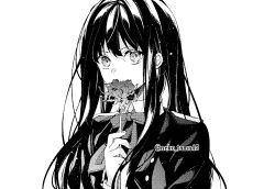Rule 34 | 1girl, black hair, collared shirt, commentary, flower, greyscale, hair between eyes, holding, holding flower, inoue takina, long hair, looking at viewer, lycoris recoil, lycoris uniform, monochrome, neck ribbon, neko tama45, ribbon, screentones, shirt, sidelocks, simple background, solo, spider lily, twitter username, upper body, white background