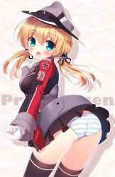 Rule 34 | 10s, 1girl, anchor hair ornament, ass, black thighhighs, blonde hair, blue eyes, blue panties, blush, fang, gloves, hair ornament, hat, kantai collection, long hair, long sleeves, looking at viewer, microskirt, military, military uniform, open mouth, panties, peaked cap, prinz eugen (kancolle), saji-wata, sasai saji, skirt, smile, solo, striped clothes, striped panties, thighhighs, twintails, underwear, uniform, white gloves