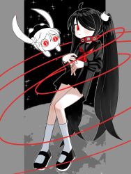 Rule 34 | 1girl, \||/, absurdres, ahoge, aimaina, bad id, bad twitter id, black footwear, black hair, black serafuku, black skirt, blush, bokura wa minna imi fumei (vocaloid), cat hair ornament, closed mouth, collar, earth (planet), expressionless, full body, hair ornament, hair over one eye, highres, inactive account, kneehighs, leash, limited palette, long hair, long sleeves, looking at viewer, neckerchief, numamomi, one eye covered, outside border, own hands together, pillarboxed, planet, pleated skirt, red collar, red eyes, red neckerchief, school uniform, serafuku, skirt, sky, socks, solo, star (sky), starry sky, twintails, very long hair, vocaloid, white socks
