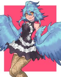 1girl :3 :d absurdres ahoge alternate_costume bare_shoulders bird_legs black_dress blue_feathers blue_hair blue_wings bob_cut border bow breasts bright_pupils commentary dress dress_bow eyelashes feathered_wings feathers feet_out_of_frame frilled_dress frills from_side hair_between_eyes halterneck harpy highres long_bangs looking_at_viewer looking_through_own_legs medium_breasts messy_hair monster_girl monster_musume_no_iru_nichijou nebula_flabby open_mouth outside_border papi_(monster_musume) pink_background short_hair short_hair_with_long_locks sidelocks simple_background sleeveless sleeveless_dress smile w_arms white_border white_bow white_pupils white_trim winged_arms wings yellow_eyes