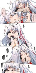 Rule 34 | 2girls, blue eyes, blush, chinese commentary, comic, commentary request, dress, french kiss, high ponytail, highres, honkai (series), honkai impact 3rd, hug, kiana kaslana, kiana kaslana (herrscher of flamescion), kiana kaslana (herrscher of the void), kiss, long hair, multicolored hair, multiple girls, one eye closed, open mouth, orange eyes, red hair, selfcest, shiying no yao, streaked hair, tongue, tongue out, translation request, two-tone hair, white dress, white hair, yuri