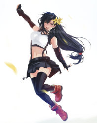 Rule 34 | 1girl, ;d, black skirt, black thighhighs, blush, breasts, chinese text, elbow gloves, final fantasy, final fantasy vii, final fantasy vii remake, fingerless gloves, flower, full body, gloves, hair flower, hair ornament, highres, jumping, large breasts, long hair, looking at viewer, low-tied long hair, midriff, miniskirt, navel, one eye closed, open mouth, red footwear, simple background, simplified chinese text, skirt, smile, solo, spykeee, suspender skirt, suspenders, swept bangs, thighhighs, tifa lockhart, very long hair, white background, yellow flower