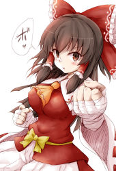 Rule 34 | 1girl, bandaid, bandaid on face, bandaid on nose, breasts, brown eyes, brown hair, clenched hand, clenched hands, cookie (touhou), hair ribbon, hair tubes, hakurei reimu, kanna (cookie), large breasts, punching, red ribbon, ribbon, riri eru, solo, speech bubble, touhou, yellow ribbon