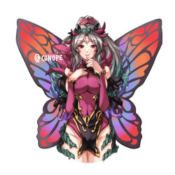 Rule 34 | 1girl, breasts, closed mouth, conope, fairy wings, fire emblem, fire emblem heroes, grey hair, large breasts, long hair, nintendo, plant, plumeria (fire emblem), ponytail, red eyes, simple background, smile, solo, twitter username, vines, white background, wings