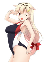 Rule 34 | 1girl, black one-piece swimsuit, black ribbon, blonde hair, breasts, competition swimsuit, cowboy shot, fuuma nagi, gradient hair, hair flaps, hair ornament, hair ribbon, hairclip, kantai collection, long hair, looking at viewer, medium breasts, milestone celebration, multicolored clothes, multicolored hair, multicolored swimsuit, one-piece swimsuit, one eye closed, red eyes, red ribbon, ribbon, salute, solo, swimsuit, v over eye, yuudachi (kancolle), yuudachi kai ni (kancolle)