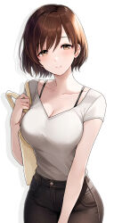Rule 34 | 1girl, absurdres, aged up, bag, blush, breasts, brown hair, brown pants, cleavage, collarbone, commentary, highres, idolmaster, idolmaster cinderella girls, looking at viewer, medium breasts, nitta minami, pants, popon ta, shirt, shirt tucked in, short hair, simple background, solo, tote bag, v-neck, white background, white shirt
