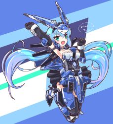Rule 34 | black gloves, blue hair, clenched hands, dated, fang, fang out, frame arms girl, gloves, green eyes, heirow, highres, looking at viewer, mecha musume, mechanical wings, open mouth, robot ears, striped, striped background, stylet, thighhighs, thrusters, wings