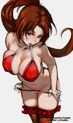 Rule 34 | 1girl, bikini, bikini pull, breasts, brown eyes, brown hair, brown thighhighs, cleavage, clothes pull, covered erect nipples, fatal fury, head tilt, high ponytail, highres, large breasts, long hair, looking at viewer, mouth hold, navel, ponytail, pulled by self, red bikini, shiranui mai, sketch, snortzog, solo, swimsuit, the king of fighters, thighhighs, undressing, untied bikini, very long hair, white background