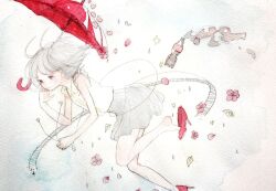 Rule 34 | 1girl, bare legs, bottle, character request, cola, crying, crying with eyes open, feet, flower, grey hair, grey skirt, heart, high heels, painting (medium), petals, red footwear, red umbrella, shirt, shizumi (saluck), shoe dangle, shoes, short hair, single shoe, skirt, sleeveless, sleeveless shirt, solo, star (symbol), tears, traditional media, umbrella, vocaloid, watercolor (medium), white background, white shirt