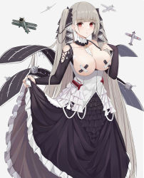 Rule 34 | 1girl, absurdres, aircraft, airplane, areola slip, azur lane, bandaid, bandaids on nipples, bare shoulders, between breasts, biplane, black dress, black nails, breasts, breasts out, clothes lift, clothing cutout, dress, dress lift, fairey swordfish, flight deck, formidable (azur lane), frilled dress, frills, gothic lolita, grey hair, highres, kuyoumi, large breasts, lolita fashion, long hair, looking at viewer, nail polish, pasties, red eyes, ribbon, shoulder cutout, simple background, skirt hold, solo, twintails, two-tone dress, two-tone ribbon, very long hair, white background, white dress