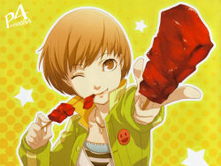 Rule 34 | atlus, food, grin, jacket, meat, official art, one eye closed, persona, persona 4, satonaka chie, scan, smile, solo, wink
