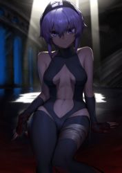 Rule 34 | 1girl, abs, absurdres, bandages, bare arms, bare shoulders, bodysuit, breasts, dark-skinned female, dark skin, elbow gloves, eyebrows hidden by hair, fate/grand order, fate/prototype, fate/prototype: fragments of blue and silver, fate (series), fingerless gloves, gloves, hair between eyes, hairband, hassan of serenity (fate), hekonda kan, highres, looking at viewer, purple eyes, purple hair, short hair, sitting, solo, stomach
