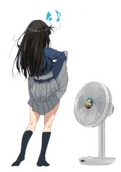 Rule 34 | 1girl, absurdres, belt, black hair, black socks, blue belt, blue dress, clothes lift, commentary request, dress, dress lift, eighth note, electric fan, facing away, fanning crotch, fanning self, from behind, grey dress, heart, highres, inoue takina, kneehighs, lifting own clothes, long hair, lycoris recoil, lycoris uniform, misskiwi, musical note, nishikigi chisato, no shoes, pleated dress, simple background, socks, solo, two-tone dress, white background
