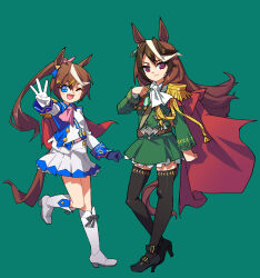 Rule 34 | 2girls, absurdres, animal ears, arm at side, ascot, asymmetrical gloves, belt, black footwear, black thighhighs, blue eyes, blue gloves, boots, breasts, brown hair, cape, closed mouth, collared jacket, earrings, epaulettes, full body, gloves, green background, green jacket, green skirt, hand up, high heel boots, high heels, highres, horse ears, horse girl, horse tail, jacket, jewelry, long hair, long sleeves, looking at viewer, medal, miniskirt, mismatched gloves, multicolored hair, multiple girls, one eye closed, open mouth, outstretched arm, pink ascot, ponytail, purple eyes, reaching, reaching towards viewer, red cape, side cape, simple background, single earring, single epaulette, skirt, small breasts, smile, standing, streaked hair, suzuhara kenji, symboli rudolf (umamusume), tail, thighhighs, tokai teio (umamusume), umamusume, w, walking, white ascot, white footwear, white gloves, white jacket, white skirt