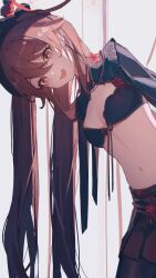 Rule 34 | 1girl, absurdres, bra, breasts, brown hair, cleavage, flower-shaped pupils, genshin impact, highres, hu tao (genshin impact), long hair, looking at viewer, open mouth, small breasts, smile, solo, symbol-shaped pupils, twintails, underwear, yutou (yutou75)