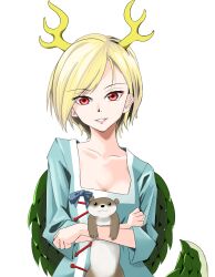 Rule 34 | 1girl, antlers, blonde hair, blue shirt, dragon girl, dragon horns, dragon tail, highres, horns, kicchou yachie, looking at viewer, monster girl, otter, otter spirit (touhou), red eyes, shirt, short hair, smile, square neckline, tail, touhou, turtle shell, user zdju2725, yellow horns