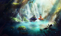 Rule 34 | 2boys, black hair, blurry, cape, colored skin, dated, depth of field, dougi, dragon ball, dragonball z, floating, grass, green skin, indian style, lake, male focus, multiple boys, piccolo, plant, pointy ears, shoulder pads, signature, sitting, son gohan, sun stark, sunlight, tree, turban, water, waterfall