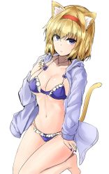 Rule 34 | 1girl, alice margatroid, animal ear fluff, animal ears, barefoot, bikini, blonde hair, blue bikini, blue bow, blue eyes, blue jacket, blue nails, bow, bow bikini, breasts, cat ears, cat tail, cleavage, collarbone, commentary request, feet out of frame, frilled bikini, frills, hair between eyes, halterneck, hand up, highres, hood, hooded jacket, jacket, jewelry, kemonomimi mode, kneeling, large breasts, long sleeves, looking at viewer, nail polish, navel, necklace, one-hour drawing challenge, open clothes, open jacket, parted lips, puppet rings, ring, seiza, shiny skin, short hair, simple background, sitting, solo, stomach, swimsuit, tail, thighs, touhou, white background, y2