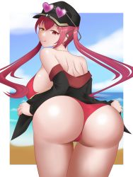 Rule 34 | 1girl, artist request, ass, ass focus, bare shoulders, bikini, bikini under clothes, breasts, cameltoe, come hither, from behind, hat, highres, hololive, houshou marine, huge ass, large breasts, leaning, leaning forward, long hair, looking at viewer, looking back, naughty face, pink hair, red eyes, shiny skin, sideboob, smile, solo, sunglasses, sunglasses on hat, swimsuit, thick thighs, thighs, tongue, tongue out, twintails, very long hair, virtual youtuber, yellow eyes