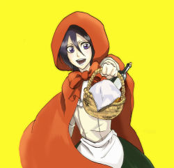 Rule 34 | 1girl, alcohol, bad id, bad pixiv id, basket, beksy, black hair, bleach, bottle, cape, cosplay, hood, kuchiki rukia, little red riding hood, little red riding hood (grimm), little red riding hood (grimm) (cosplay), open mouth, purple eyes, red cape, short hair, simple background, solo, wine, yellow background