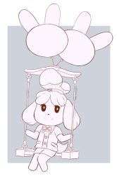 Rule 34 | 1girl, animal crossing, border, brown eyes, chocomiru, dog girl, furry, happy, isabelle (animal crossing), monochrome, nintendo, no humans, open mouth, personification, short sleeves, sketch, skirt, smile, solo, unfinished