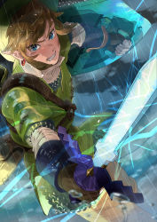 Rule 34 | 1boy, armor, blonde hair, blue eyes, chainmail, clenched teeth, earrings, fighting, gloves, green headwear, green tunic, highres, holding, holding shield, holding sword, holding weapon, jewelry, lightning, link, looking at viewer, male focus, nintendo, pointy ears, pra 11, rain, shield, shirt, short hair, shoulder strap, sidelocks, solo, sword, teeth, the legend of zelda, the legend of zelda: skyward sword, water drop, weapon, white shirt