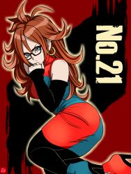 Rule 34 | 1girl, absurdres, android 21, arm warmers, asymmetrical footwear, blue eyes, brown hair, chris re5, dragon ball, dragon ball fighterz, dress, earrings, glasses, hand on own chin, high heels, highres, hoop earrings, jewelry, leggings, mismatched footwear, nail polish, pantyhose, ring, signature, solo