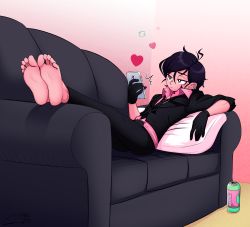 Rule 34 | 1girl, absurdres, barefoot, cabronpr, cellphone, couch, feet, feet together, foot focus, heart, highres, holding, holding phone, legs up, no shoes, on couch, original, phone, pillow, reverse trap, short hair, sitting, smartphone, soles, solo, toenails, toes, tomboy