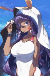Rule 34 | 1girl, amana (pocketkey), animal ears, breasts, cloud, competition swimsuit, covered navel, dark-skinned female, dark skin, day, earrings, facial mark, fate/grand order, fate (series), hairband, highres, hoop earrings, jewelry, long hair, looking at viewer, necklace, nitocris (fate), nitocris (fate/grand order), nitocris (swimsuit assassin) (fate), nitocris (swimsuit assassin) (second ascension) (fate), one-piece swimsuit, purple eyes, purple hair, sky, solo, swimsuit, very long hair, white one-piece swimsuit
