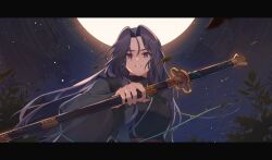 Rule 34 | 1girl, black hair, bright pupils, falling leaves, hwaeum person, leaf, long hair, long sleeves, looking down, moon, night, open mouth, purple eyes, return of the mount hua sect, sheath, sheathed, solo, star (sky), teeth, upper body, white pupils, yu iseol (return of the mount hua sect)