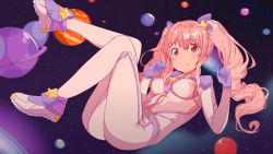 Rule 34 | 1girl, ass, blush, breasts, crossed legs, full body, gloves, hair ornament, happy, highres, long hair, medium breasts, pink hair, planet, red eyes, saturn (planet), shoes, sky, space, spacesuit, star (sky), twintails