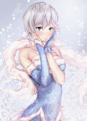 Rule 34 | 10s, 1girl, anastasia (idolmaster), asymmetrical sleeves, bare shoulders, blue dress, blue eyes, blush, breasts, closed mouth, detached sleeves, dress, eyelashes, feathers, fur trim, gloves, hair between eyes, hair ornament, hands on own cheeks, hands on own face, highres, idolmaster, idolmaster cinderella girls, jewelry, ring, short hair, silver hair, single glove, single sleeve, smile, snowflake print, solo, strapless, strapless dress, uneven sleeves, untue, upper body